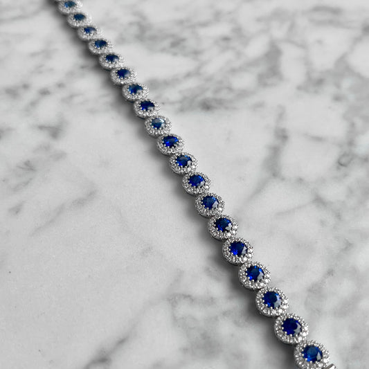 18K White Gold Sapphire and Diamond Halo Line Bracelet