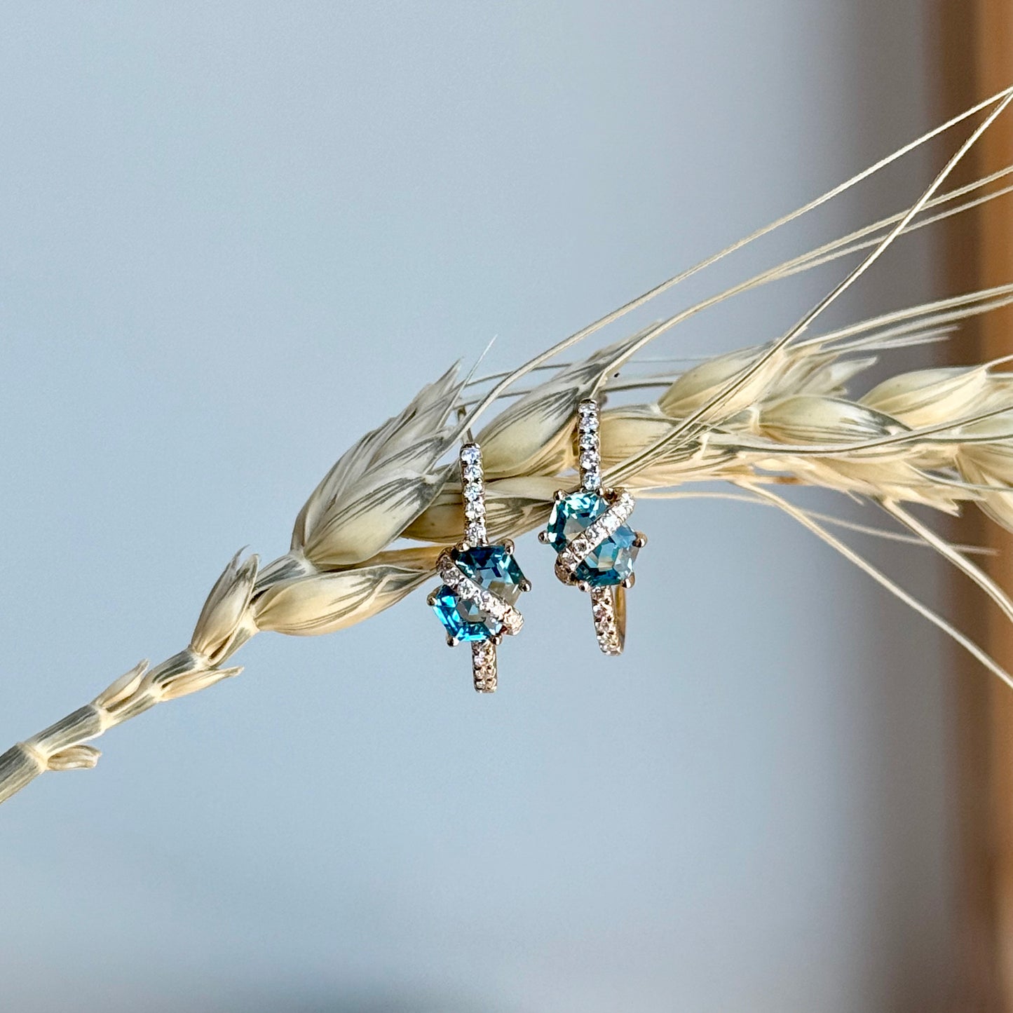 14K Yellow Gold Blue Topaz and Diamond Fashion Huggie Hoop Earrings