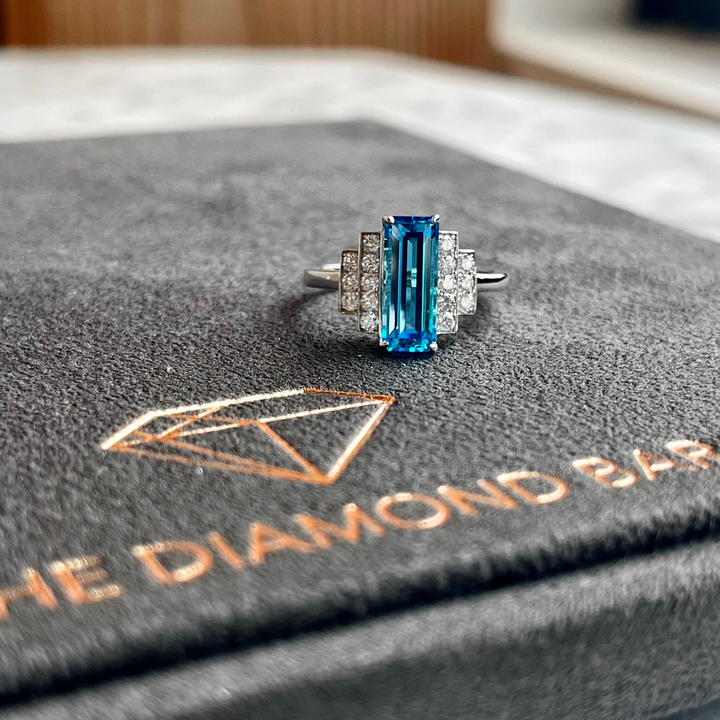 14K White Gold Art-Deco Topaz and Diamond Ring