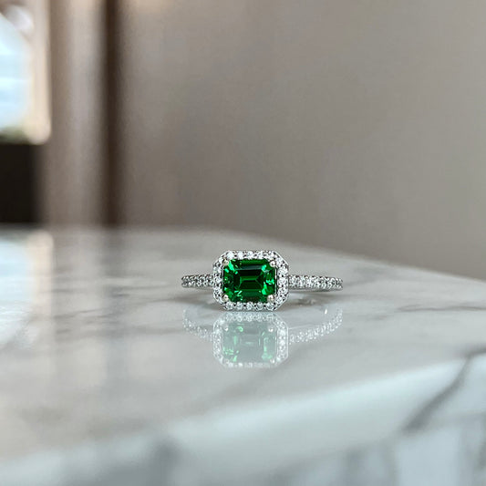 14K White Gold Tsavorite Garnet and Diamond Halo Ring