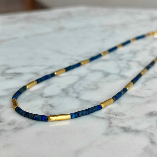 14K Yellow Gold Lapis Beaded and Hammered Matte Gold Necklace