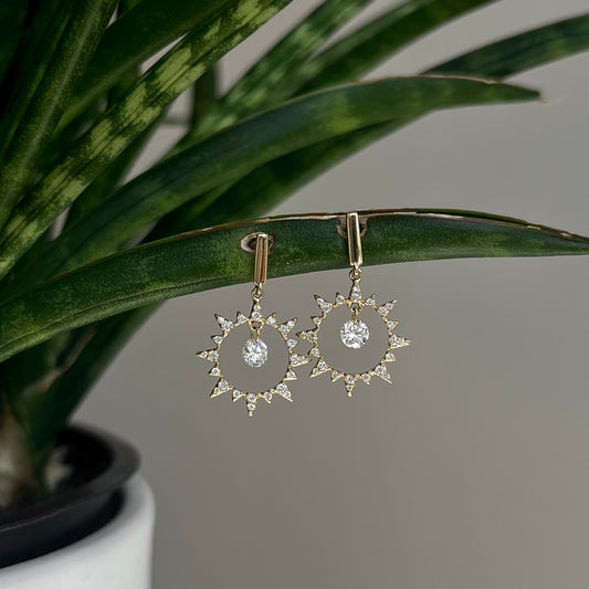 14K Yellow Gold Floating Diamond "Sun" Dangle Earrings