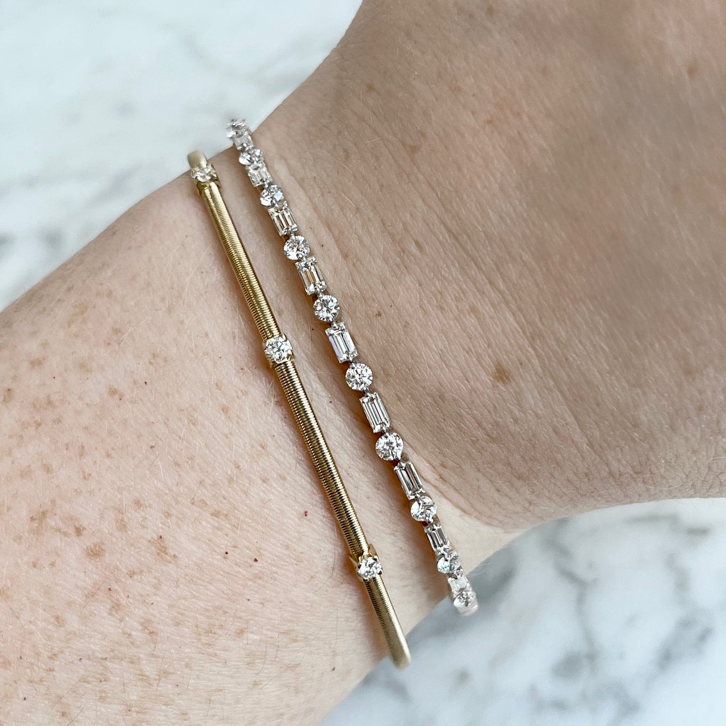 14K Yellow Gold Single Prong Baguette and Round Diamond Flexible Bangle Bracelet