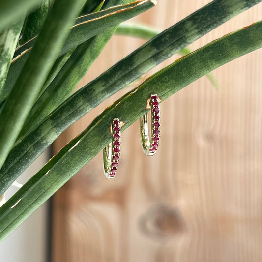 14K Yellow Gold Ruby "Huggie" Hoop Earrings