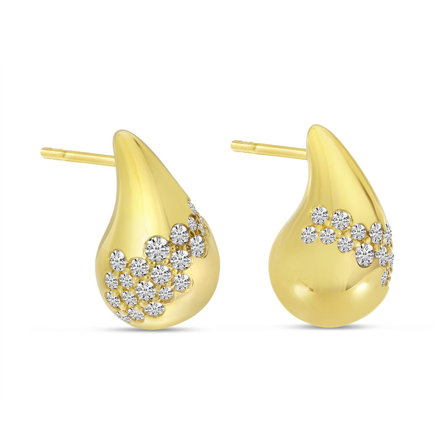 14K Yellow Gold Scattered Diamond Tear Drop Stud Earrings