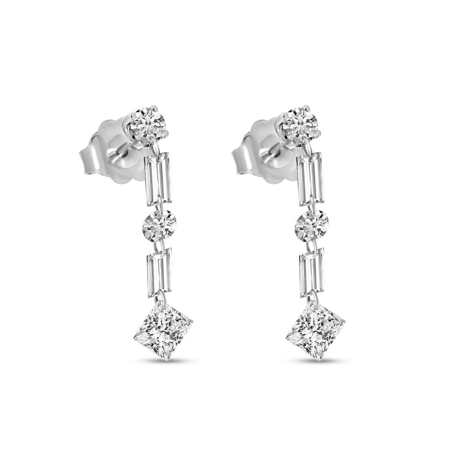 14K White Gold Floating Baguette, Princess and Round Diamond Earrings