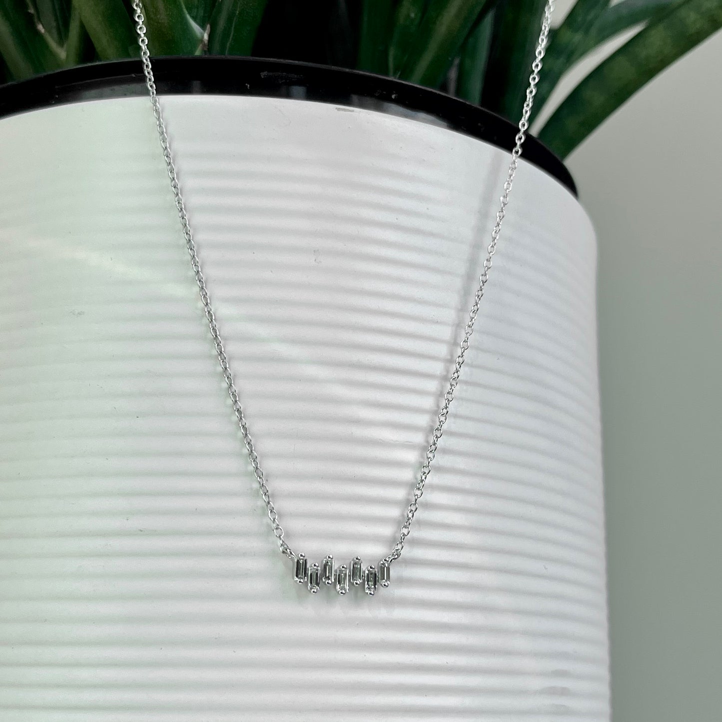 14K White Gold Straight Baguette Staggered Bar Necklace