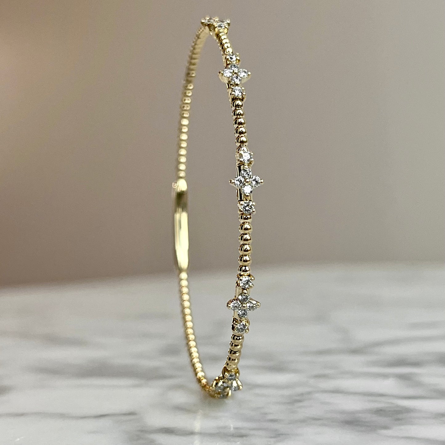 14K Yellow Gold "Clover Three Stone" Flexible Bangle Bracelet