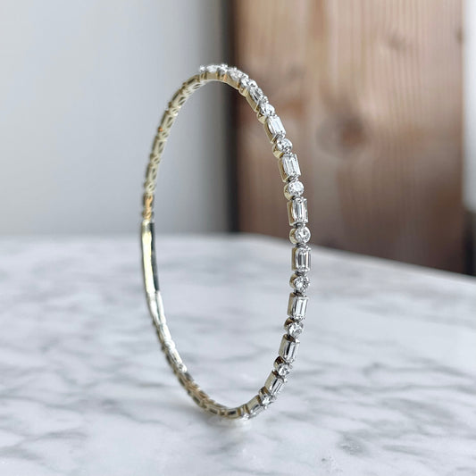 14K Yellow Gold Single Prong Baguette and Round Diamond Flexible Bangle Bracelet
