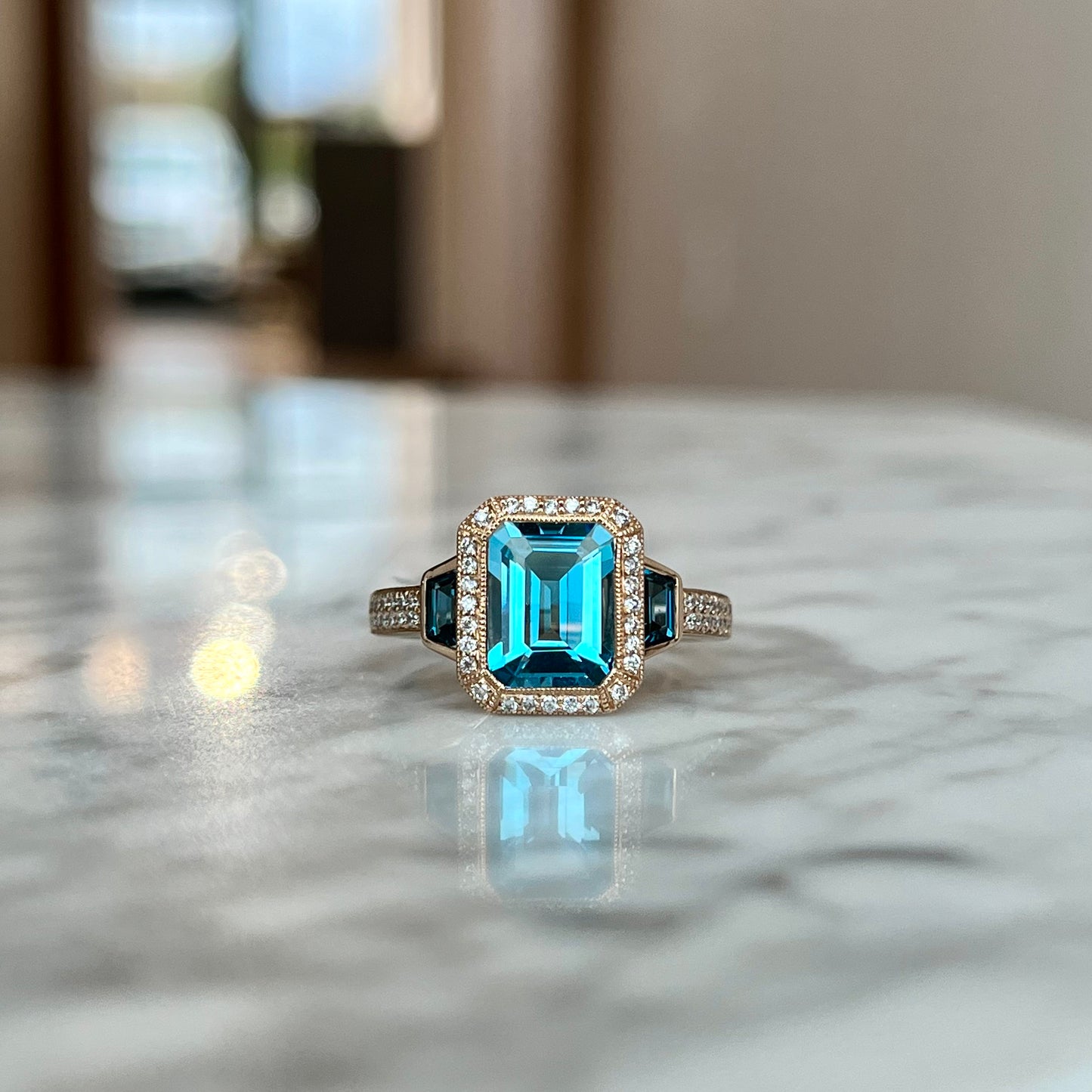 14K Rose Gold Blue Topaz and Diamond Halo Ring