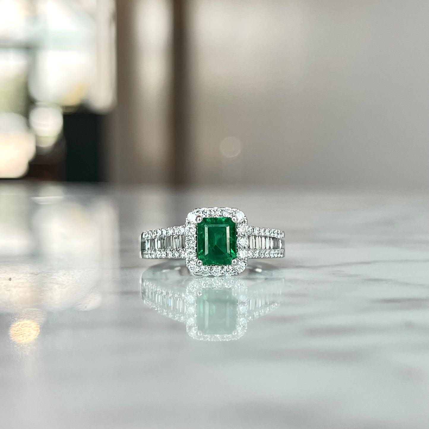 18K White Gold Emerald and Diamond Halo Ring