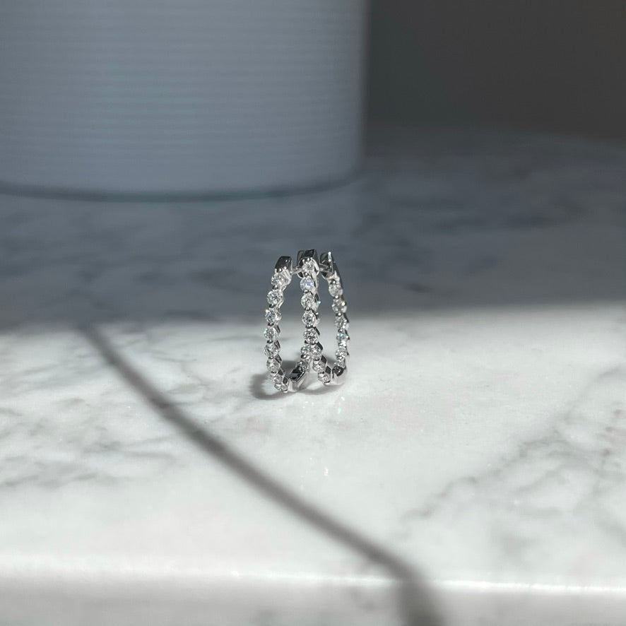 18K White Single Prong Straight Diamond Hoop Earrings