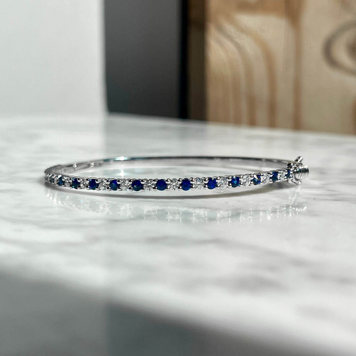 14K White Gold Sapphire and Diamond Bangle Bracelet