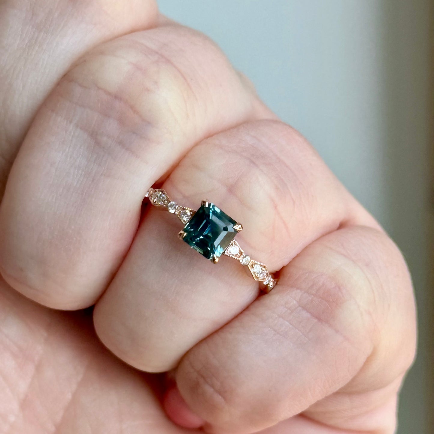 14K Rose Gold Teal Sapphire and Diamond Ring