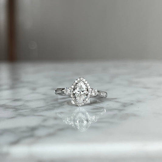 18K White gold Marquise Three Stone Diamond Halo Engagement Ring