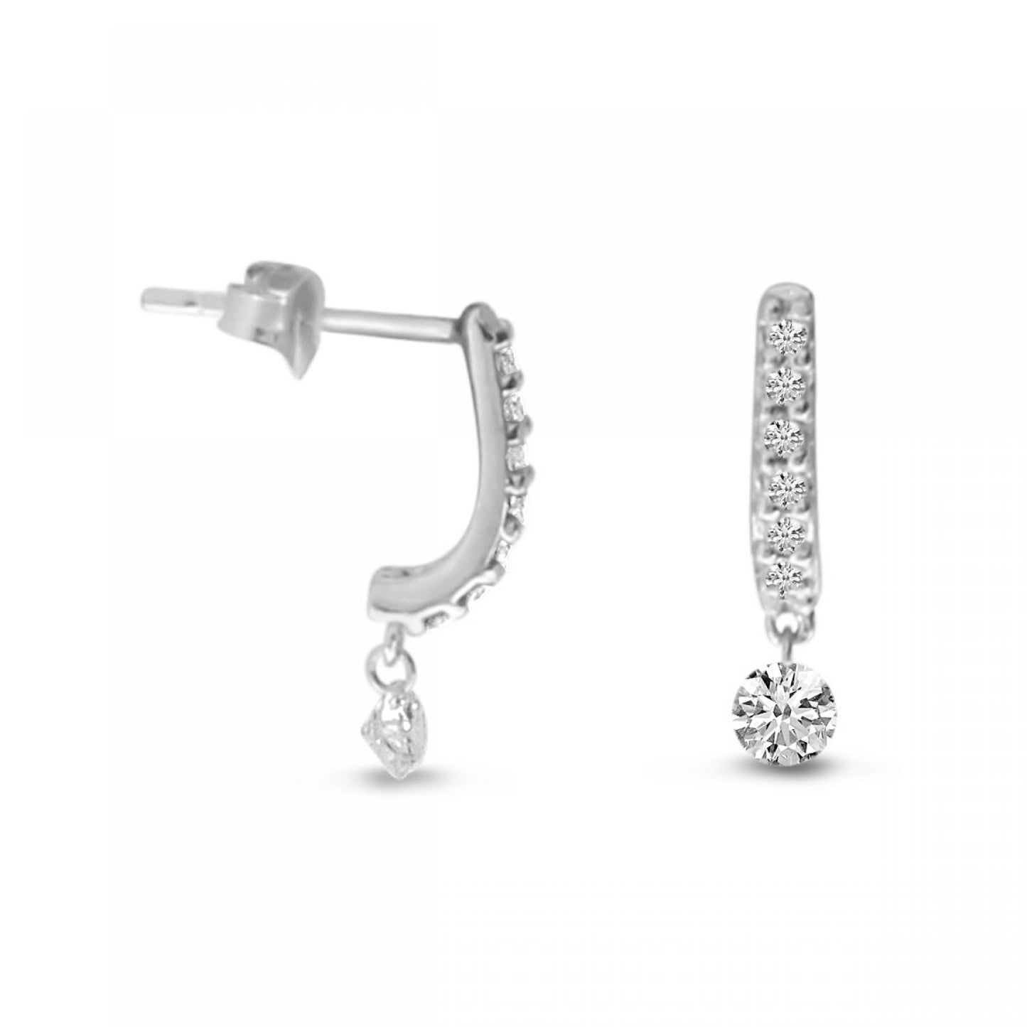 14K White Hold "J" Half Huggie Floating Diamond Earrings