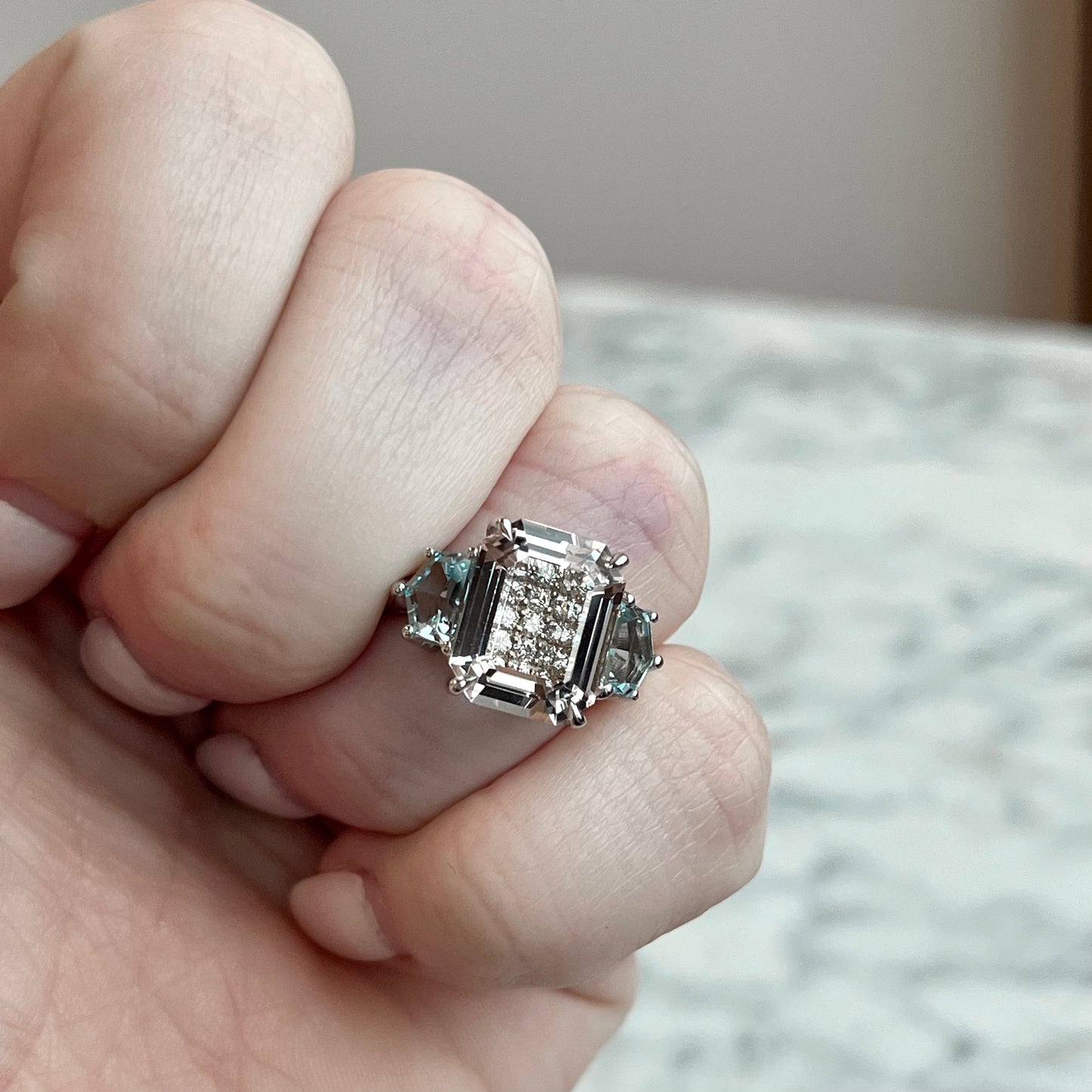 14K White Gold "Lumineve" Morganite and Aquamarine Ring