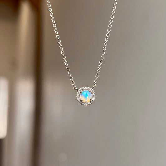 14K Rose Gold Opal and Diamond Halo Necklace