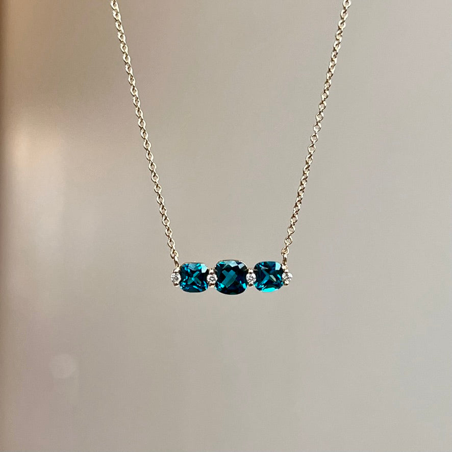 14K Rose Gold London Blue Topaz and Diamond Three Stone Bar Necklace