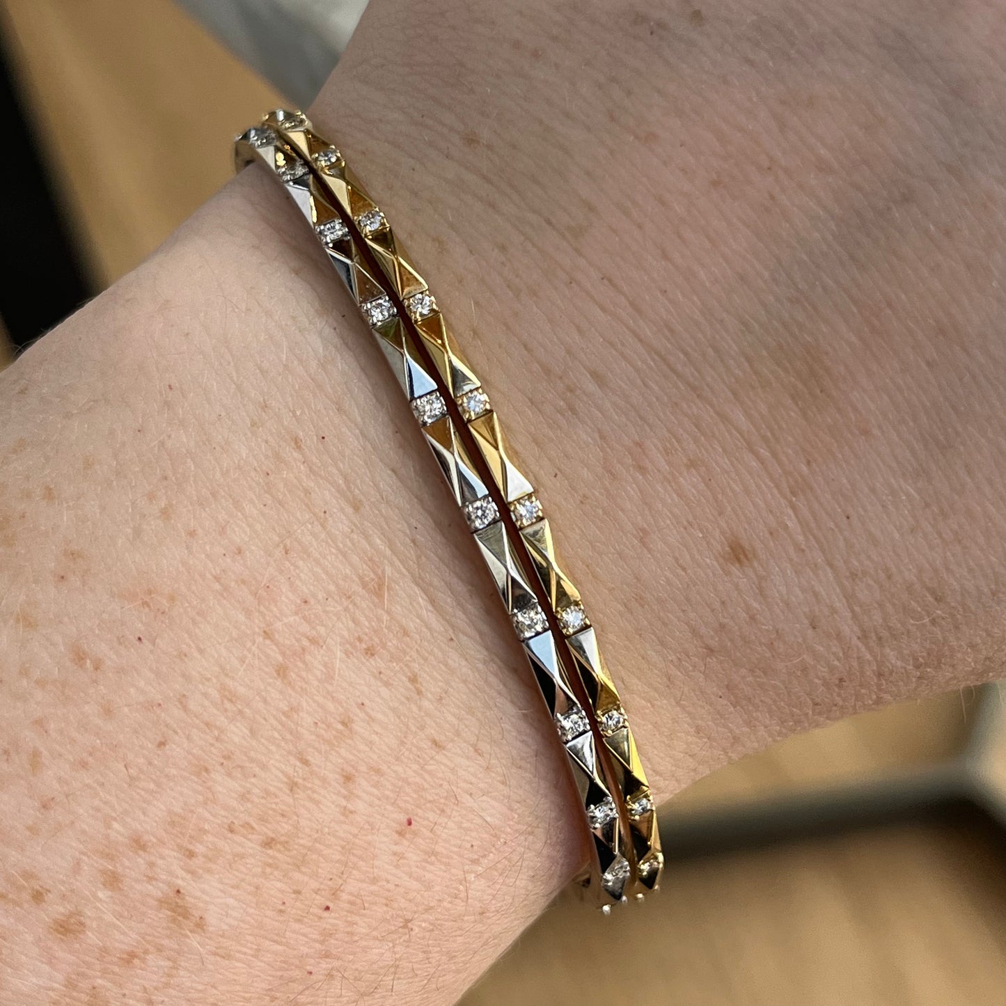 14K Gold Diamond Flexible Rectangular Stud and Diamond Bangle Bracelet