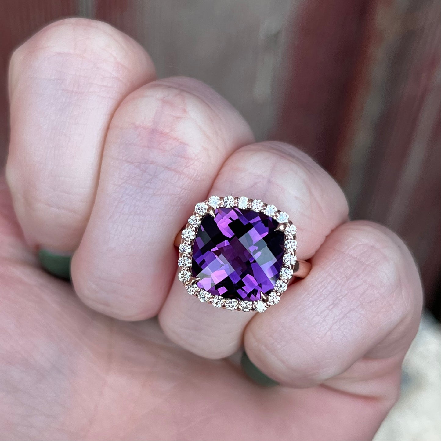 14K Rose Gold "Floating" Amethyst and Diamond Halo Ring 6.97CTW