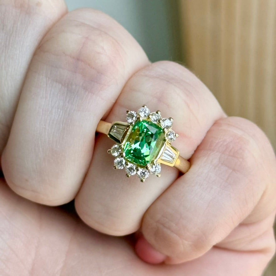 14K Yellow Gold Tsavorite Garnet and Diamond Ring