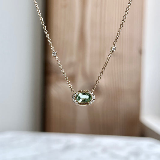 14K Yellow Gold Mint Tourmaline and Diamond Necklace