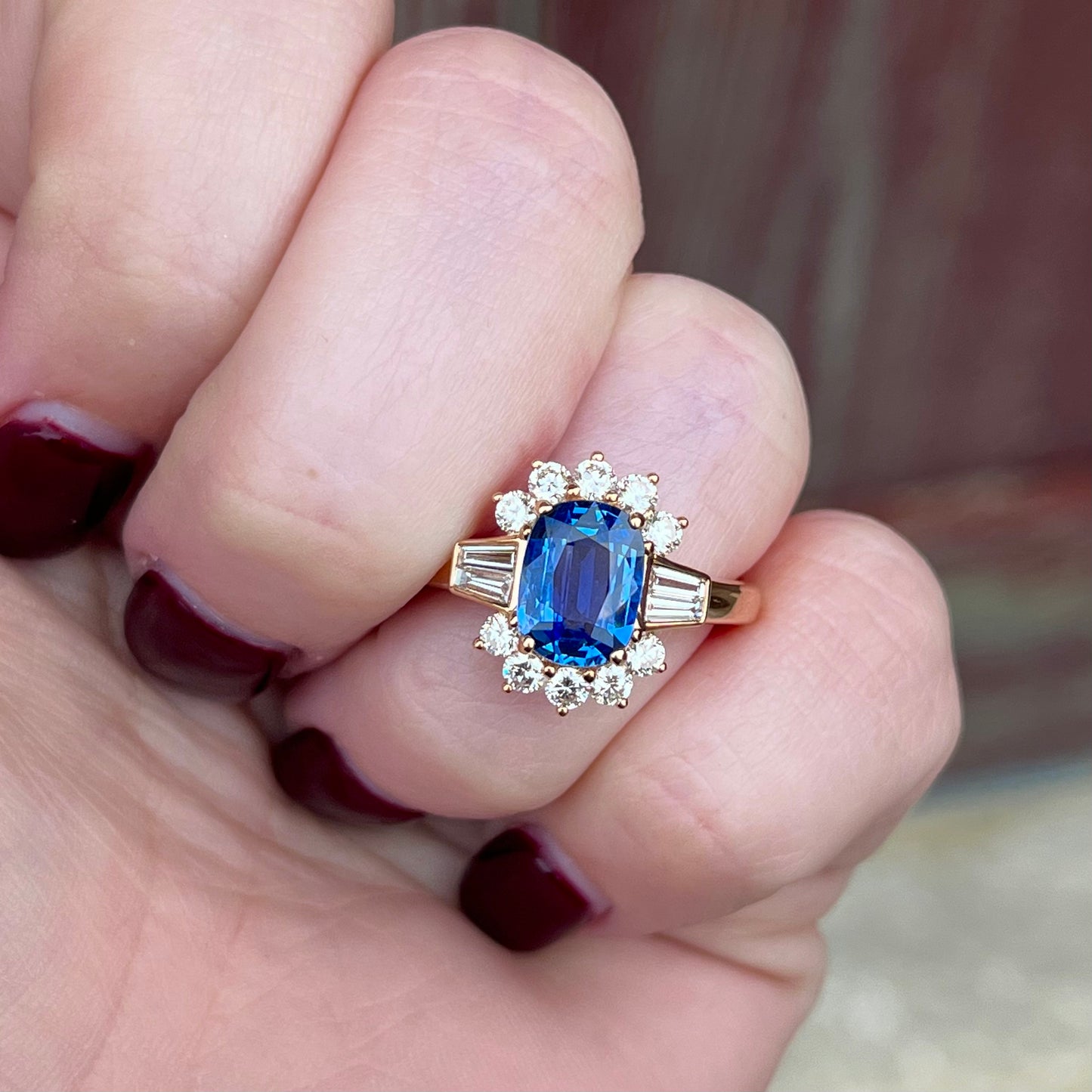 18K Rose Gold No Heat Natural Burma Blue Sapphire and Diamond Ring