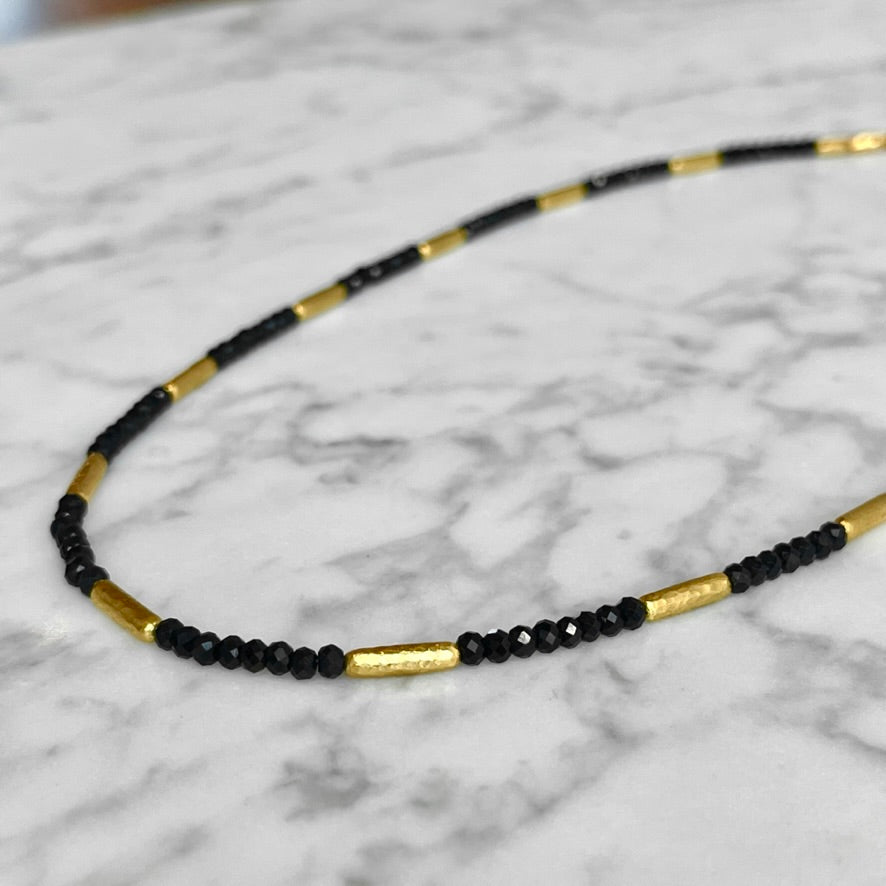 14K Yellow Gold Black Spinel and Gold Bar Necklace