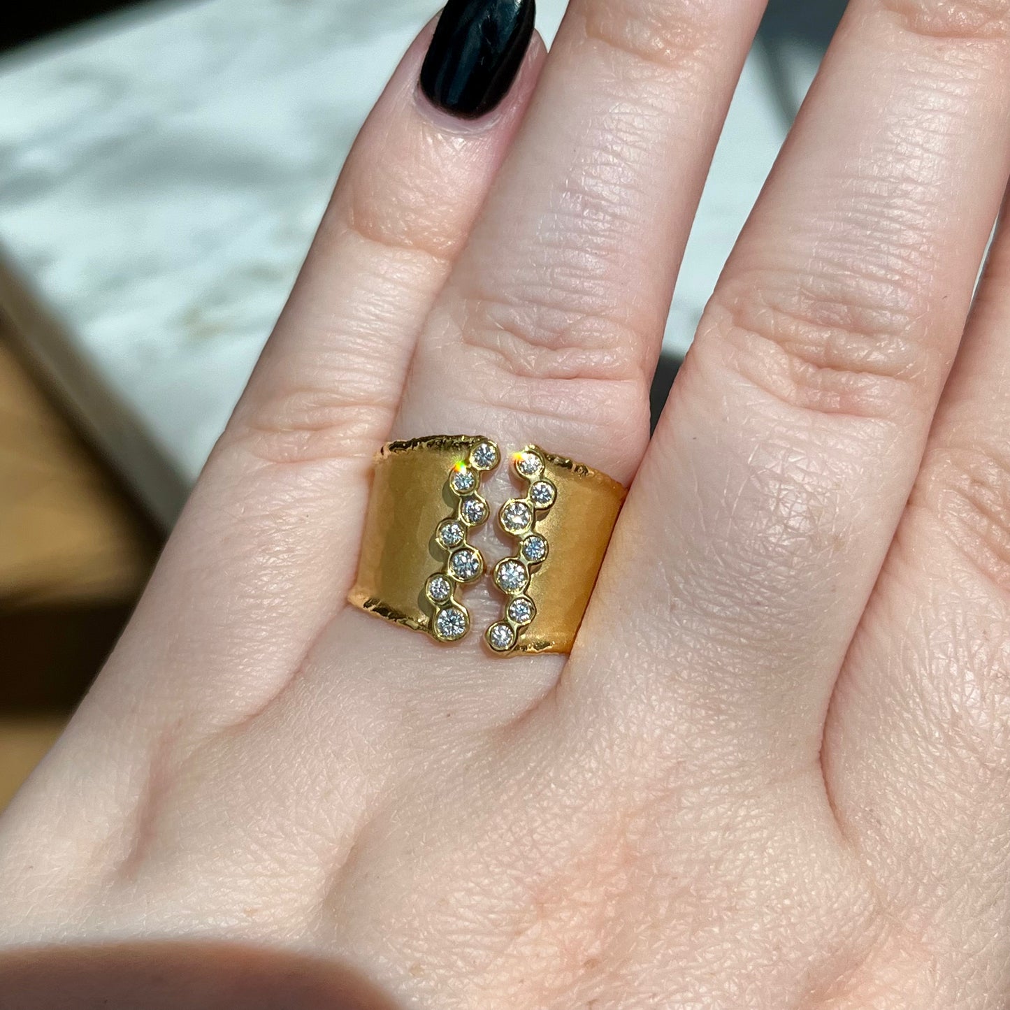 14K Yellow Gold Matte Hammered Cuff Ring
