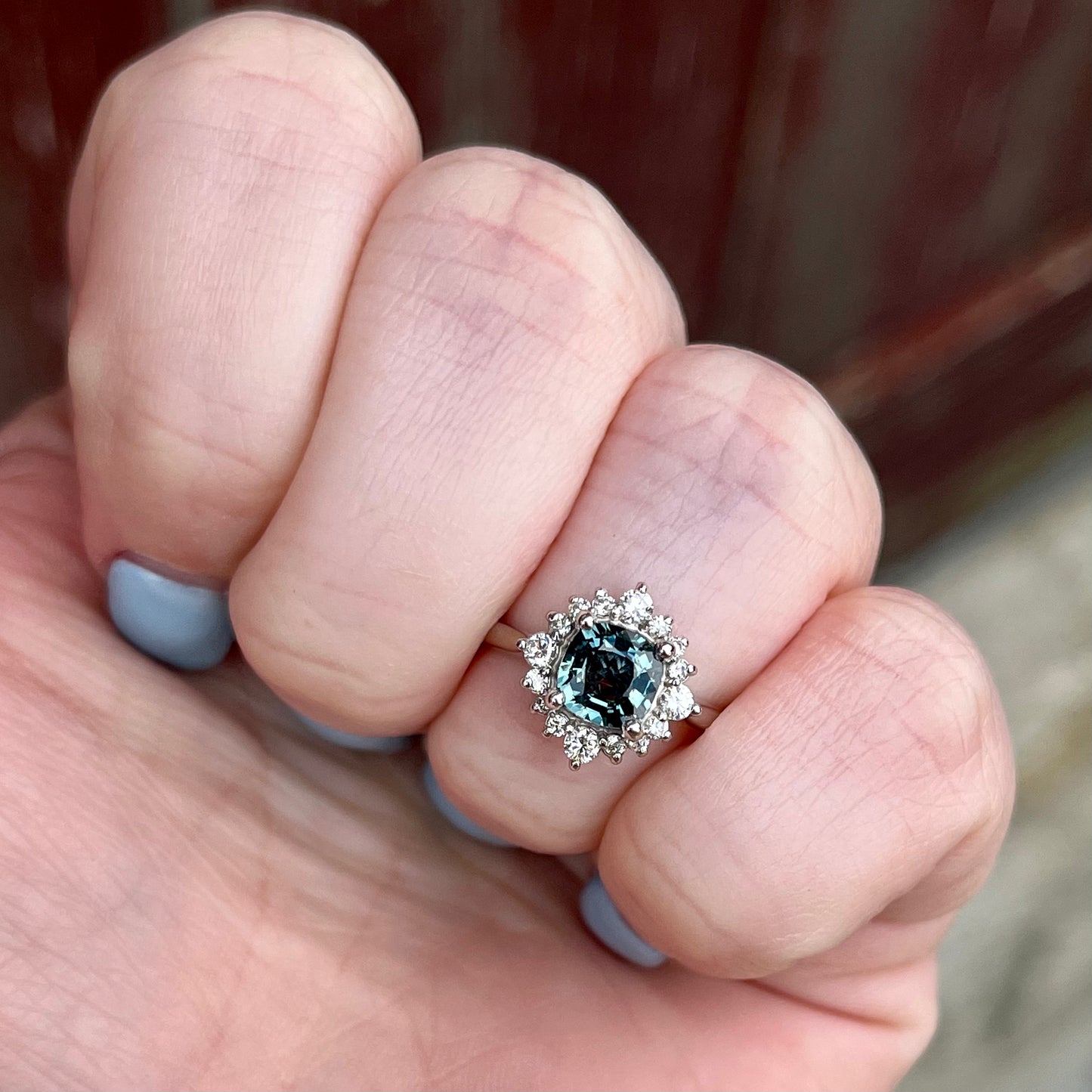 14K White Gold Color Shifting Teal Sapphire and Diamond Halo Ring