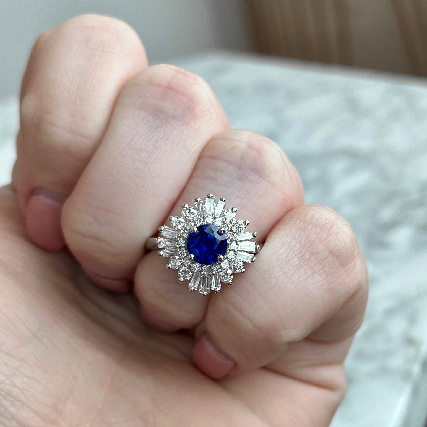 14K White Gold Natural Sapphire and Diamond Halo Ballerina Ring
