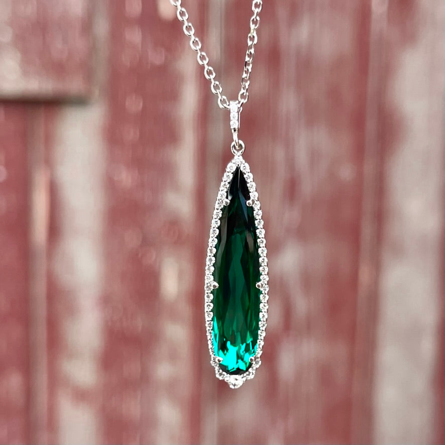 14K White Gold Teal Tourmaline and Diamond Halo Necklace 8.82CTW