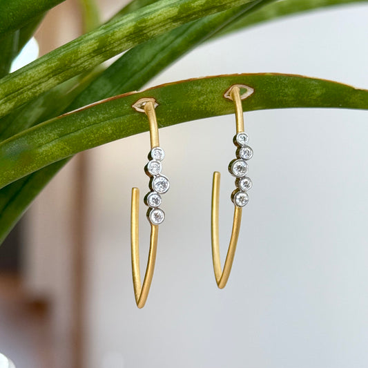 14K Yellow Gold Bezel "J" Diamond Hoop Earrings