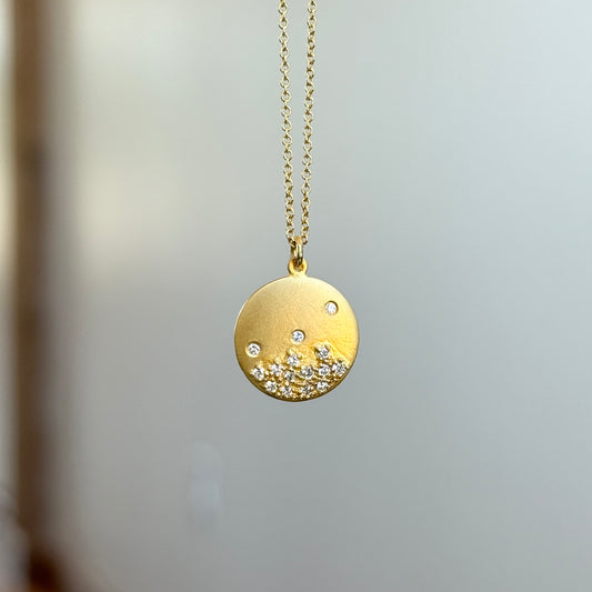 14K Yellow Gold Scattered Diamond Disc Necklace