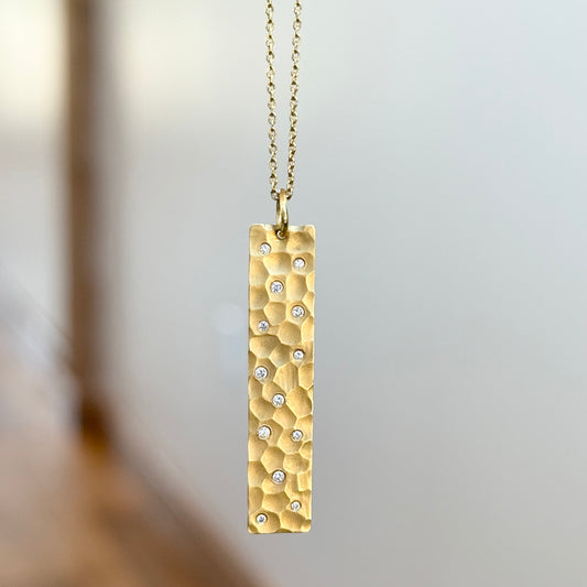 14K Yellow Gold Hammered Beveled Diamond Necklace