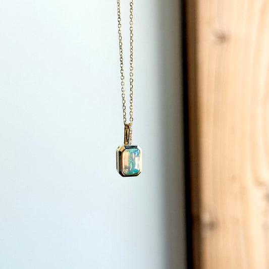 14K Yellow Gold Opal and Diamond Bezel Necklace