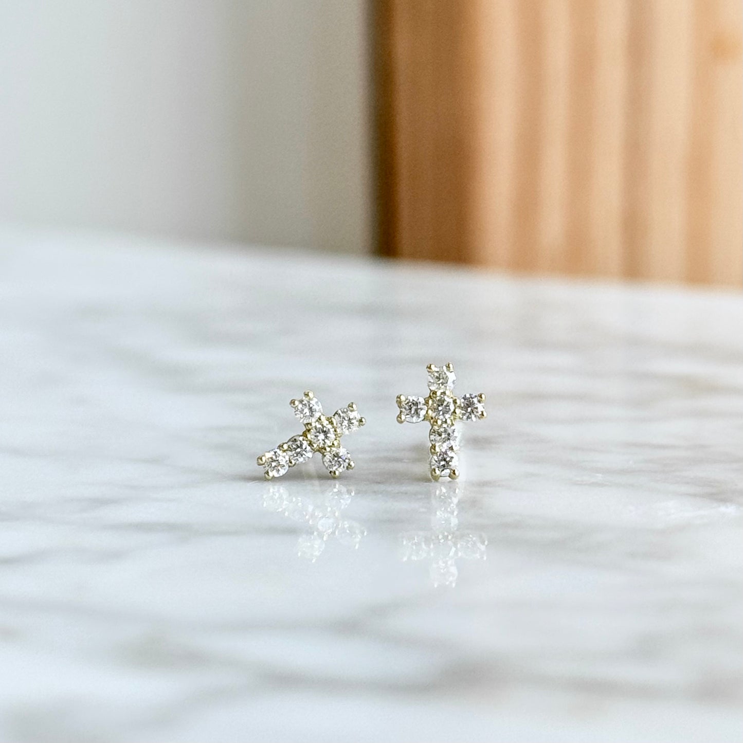 18K Yellow Gold Diamond Cross Stud Earrings