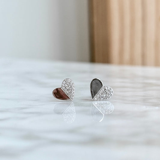 18K White gold Half Diamond Heart Stud Earrings