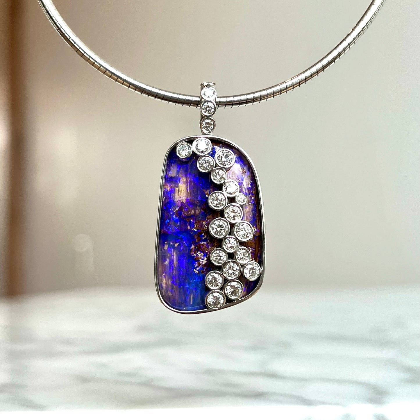 14K White Gold Black Opal and Diamond Necklace