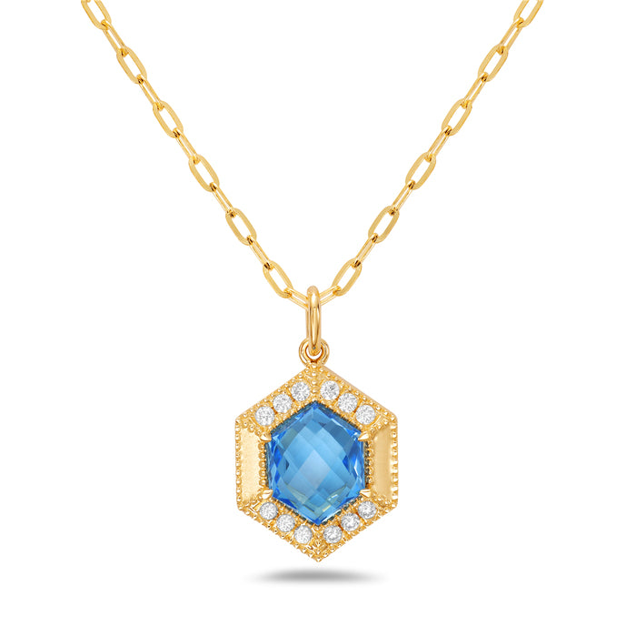 14K Yellow Gold Hexagon Gemstone and Diamond Necklace