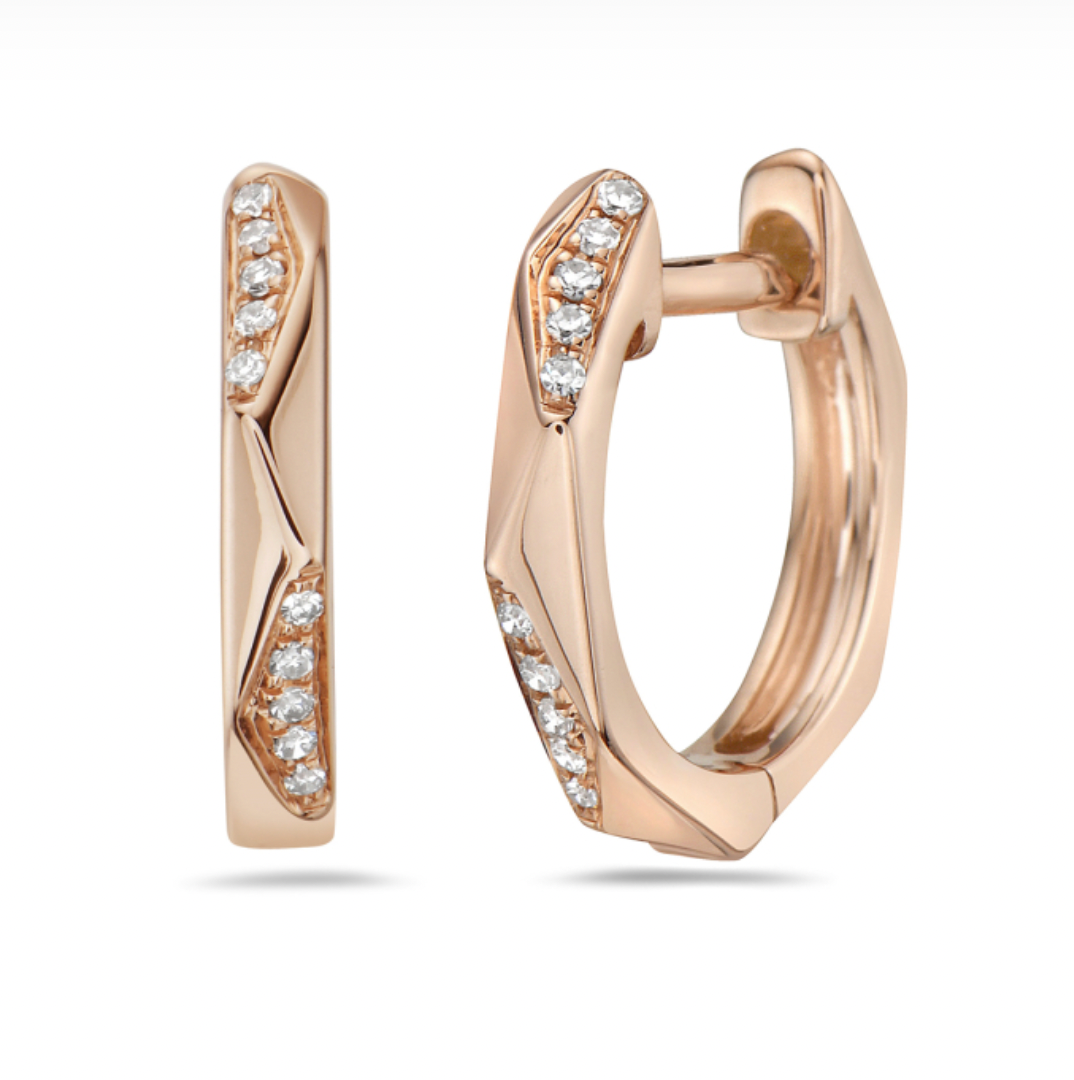 14K Geometric Diamond Huggie Hoop Earrings