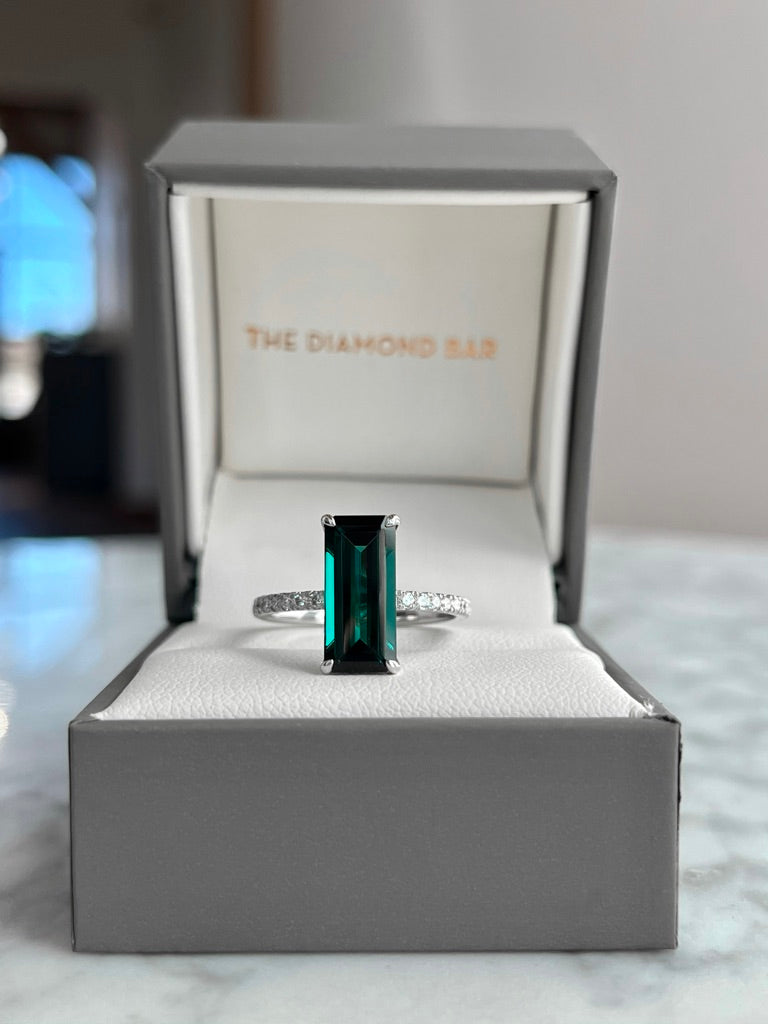 14K White Gold Elongated Teal Tourmaline and Diamond Ring