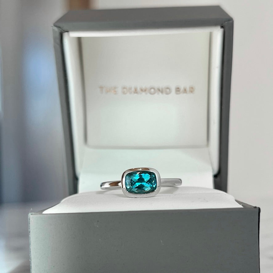 14K White Gold Elongated Cushion Blue Zircon Bezel Stackable Ring