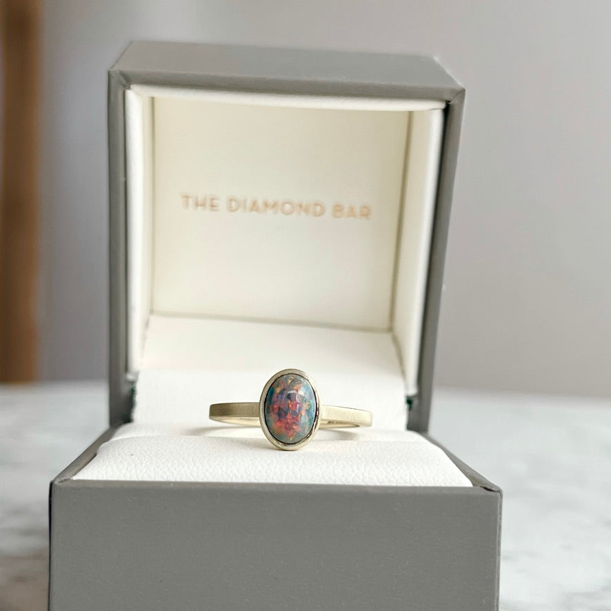 14K Yellow Gold Oval Black Opal Bezel Stackable Ring