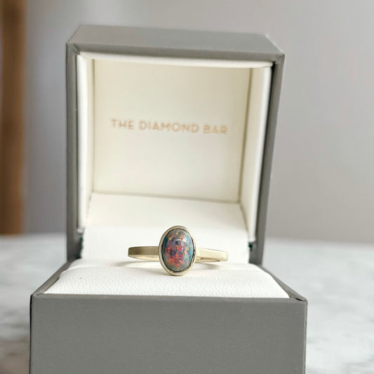 14K Yellow Gold Oval Black Opal Bezel Stackable Ring