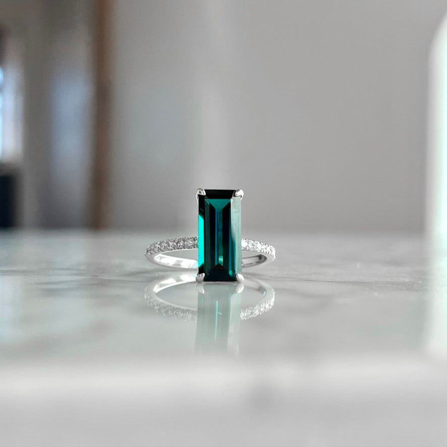 14K White Gold Elongated Teal Tourmaline and Diamond Ring