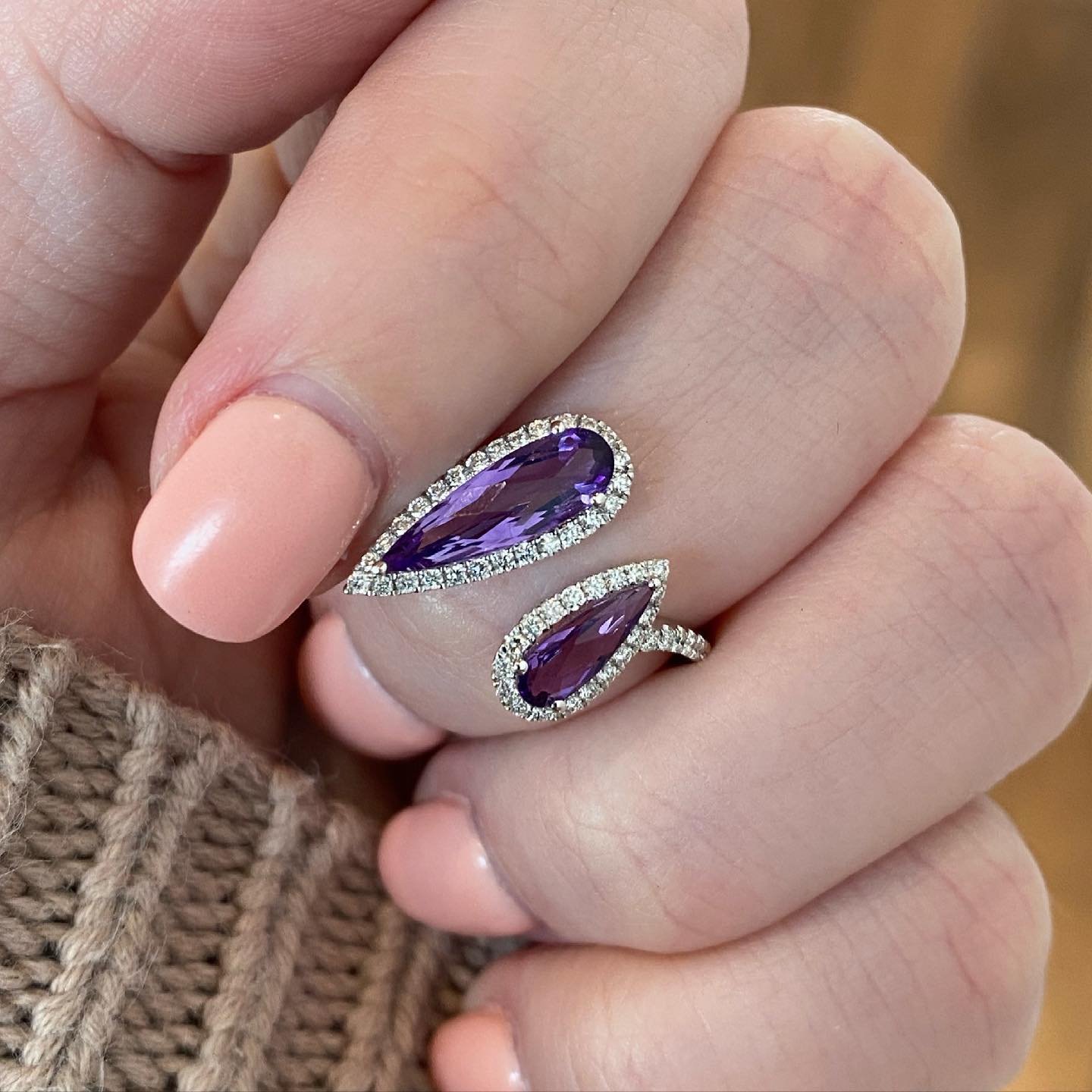 14K Gemstone and Diamond Halo Pear Shape Bypass Ring