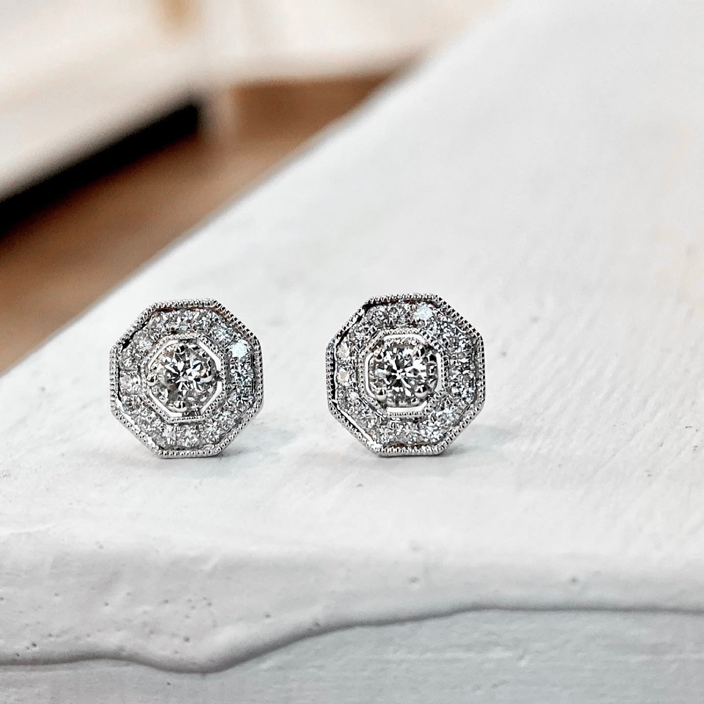14K White Gold Art Deco Hexagon Halo Diamond Stud Earrings 41/100CTW