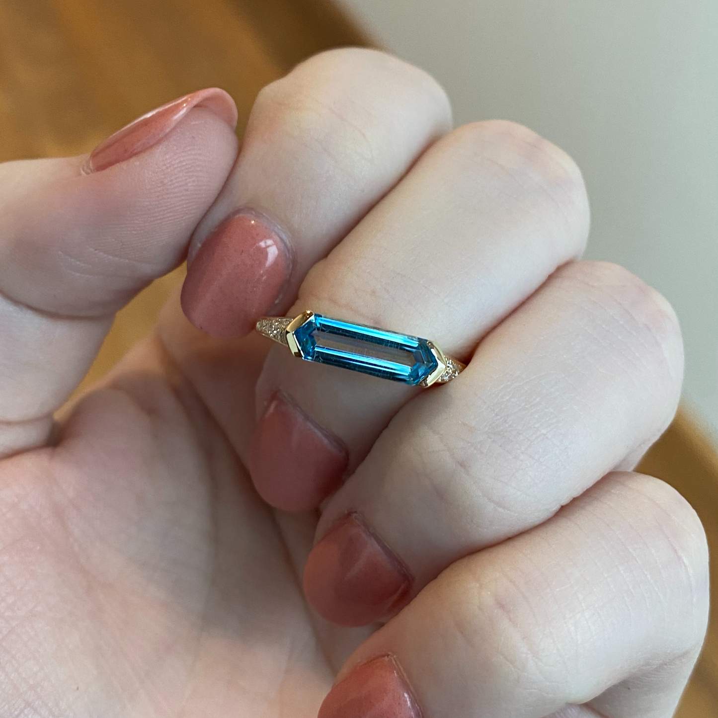 14K East West Hexagon Blue Topaz and Diamond Ring